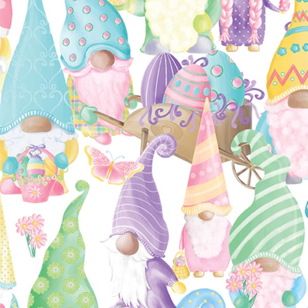 SALE Spring Gnomes - White - Spring Garden Gnomes Collection - Fabric - Benartex - 12632-09