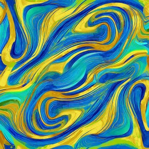 May include: A digital graphic pattern featuring fluid, swirling lines in vibrant shades of royal blue, turquoise, and bright yellow. The composition consists of interconnected, marbled curves that create a sense of continuous motion.