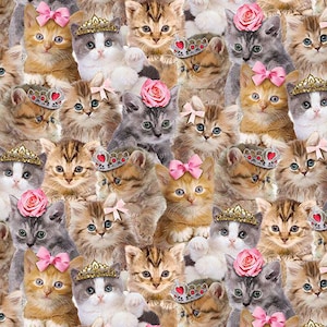 May include: A repeating pattern of adorable kittens with various accessories. Some kittens wear pink bows, others wear gold crowns, and some have pink roses. The kittens have a variety of fur colors, including orange, gray, and brown.