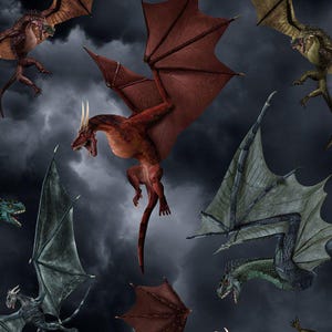 SALE Dragon&#39;s Battle  - Timeless Treasures - Dragon&#39;s Lair Collection - FUN-CD2494  GREY Designer Fabric by the Yard