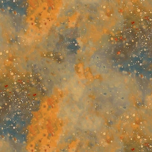 Pode incluir: Um padrão de tecido com uma mistura abstrata de tons laranja suave, ocre e azul ardósia. A superfície é coberta por uma dispersão densa de pequenos pontos circulares claros e manchas ocasionais de textura vermelha brilhante.