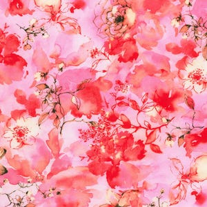 May include: A watercolor floral pattern in shades of pink and red. The design features various flowers and foliage with delicate black outlines. The background is a soft pink, creating a romantic and artistic feel. Ideal for fabric or wallpaper.