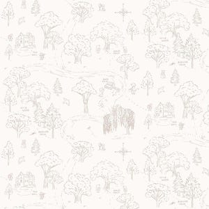 Op de afbeelding: Een grillige kaartillustratie met een bosscène met bomen, huizen en personages. Het ontwerp is in een neutraal kleurenpalet, met gedetailleerde lijntekeningen van bomen, gebouwen en dieren. De kaart bevat tekstlabels zoals "Wild Wood" en "Badgers House".