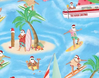 SALE Santa at Sea Blue - Urlaubskollektion des Weihnachtsmanns - Stoff -Andi Metz for Benartex - 14601-55