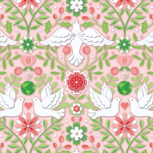 May include: A repeating pattern featuring white doves, red and pink flowers, green leaves, and small green globes on a light pink background. The design has a layered, paper-cut style, creating a 3D effect.