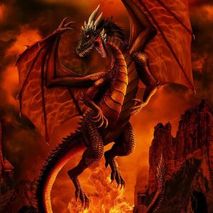 May include: A digital illustration of a red dragon with large wings, sharp claws, and a long tail, set against a fiery background with a full moon. The dragon is in mid-flight, with flames rising below.