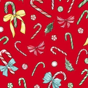 May include: A festive pattern on a red background featuring candy canes, bows, holly leaves, and peppermint candies. The candy canes have red and white stripes, some with bows in yellow, pink, and blue. The peppermint candies are white with red and green swirls.