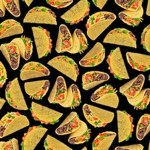 May include: A repeating pattern of various tacos on a black background. The tacos are filled with seasoned ground meat, tomatoes, lettuce, and cheese. The taco shells are a golden yellow colour.