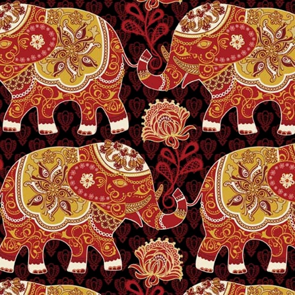 SALE Decorative Elephants - Black - Imperial Jungle Collection -  Quilting Treasures -  29966-J Fabric by the Yard