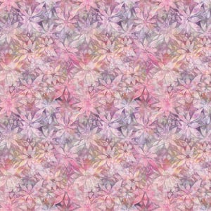 May include: A repeating pattern of stylized flowers in shades of pink, purple, and yellow. The floral design has a watercolor effect, with soft edges and blended colors. The overall effect is delicate and feminine, suitable for fabric or wallpaper.