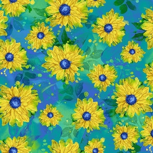 May include: A fabric pattern featuring bright yellow sunflowers with dark blue centers scattered across a vibrant teal and blue background, accented with subtle green leaf silhouettes and small yellow paint-like splatters.