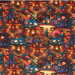May include: A repeating fabric pattern featuring illuminated mushroom-shaped houses nestled in a dense forest. The design displays vibrant shades of blue, orange, pink, and purple, with glowing windows and doors set against a dark background.