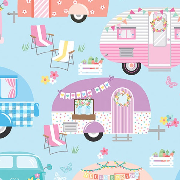 SALE  Springtime Campers Aqua - Enjoy the Ride Collection - Fabric - Kanvas Studio by Benartex -   14275-05