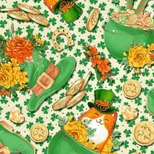 May include: A seamless pattern featuring a green leprechaun hat with a gold buckle, a pot of gold, a horseshoe, and shamrocks on a beige background.
