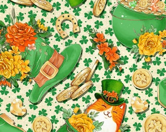 OFERTA St. Pat's Cats Medley - Crema - Colección St. Pat's & Cats - Quilting Treasures - 30018-E Tela cortada a medida