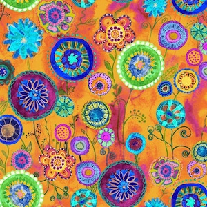 May include: A vibrant fabric pattern featuring a dense arrangement of stylized, circular flowers in shades of bright blue, lime green, magenta, and orange. The background is a warm, mottled orange, with thin, dark green stems connecting the blossoms.
