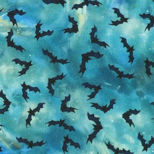 May include: A fabric pattern featuring a repeating print of black bat silhouettes scattered across a vibrant teal and blue background with a mottled, cloud-like texture that creates a sense of depth and movement across the textile surface.
