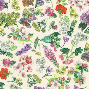 May include: A cream-colored fabric covered with a variety of colorful floral illustrations. The flowers include red, pink, purple, yellow, and white blooms, along with green leaves and stems. The design is a repeating pattern of botanical elements.