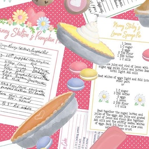 May include: A whimsical pattern featuring watercolor illustrations of baked goods, recipes, and macarons on a pink polka dot background. The recipes include "Nanny Skilton's Pumpkin Pie" and "Nanny Staley's Lemon Sponge Pie". Decorative floral elements are also present.