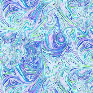 May include: Abstract pattern with swirling lines in shades of blue, green, and purple on a light blue background. The design features a marbled effect, with the colors blending and flowing together to create a dynamic visual texture.