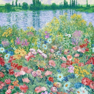 May include: An impressionistic painting of a vibrant flower field with a river and trees in the background. The foreground is filled with colorful flowers in shades of red, pink, yellow, blue, and purple. The sky is a light blue with soft clouds.