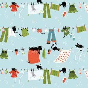 SALE Hanging Out - Dear Stella Designs - Cats in the Laundry Collection - 100% Cotton - STELLA-DLW3261  SKY  Designer Fabric by the Yard