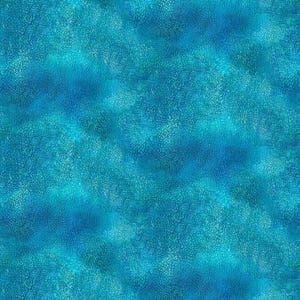 May include: A fabric pattern featuring a vibrant gradient of turquoise and deep blue hues. The surface is covered in a dense, repeating texture of small, interconnected organic shapes that resemble scales or a fine, cracked mosaic design.