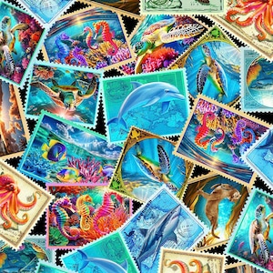 May include: A collage of postage stamps featuring vibrant underwater scenes. The stamps showcase colorful coral reefs, sea turtles, dolphins, seahorses, and other marine life. The stamps have a black border and a vintage aesthetic.