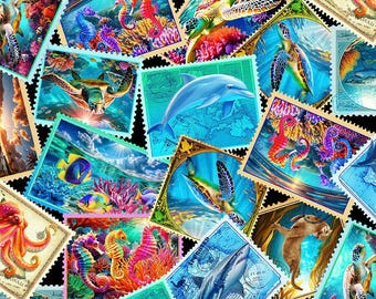 OFERTA Sellos de vida marina - Tesoros atemporales - Colección Paraíso Submarino - MICHAEL-CD4283 MULTI Tela de diseño cortada a medida