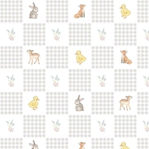 May include: A repeating pattern featuring watercolor illustrations of a gray rabbit, a brown fox, a yellow duckling, and a fawn, interspersed with small sprigs of lavender on a white background with a light gray checkered gingham grid.