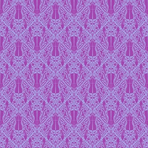 May include: A repeating pattern in shades of purple and lavender. The design features stylized dress forms and floral elements arranged in a geometric layout. The overall effect is a vintage-inspired, textile-like design.
