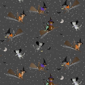 SALE Meowgical - Dear Stella Designs - Purranormal Collection - 100% Cotton - STELLA-D3124  CHARCOAL  Designer Fabric by the Yard  Halloween