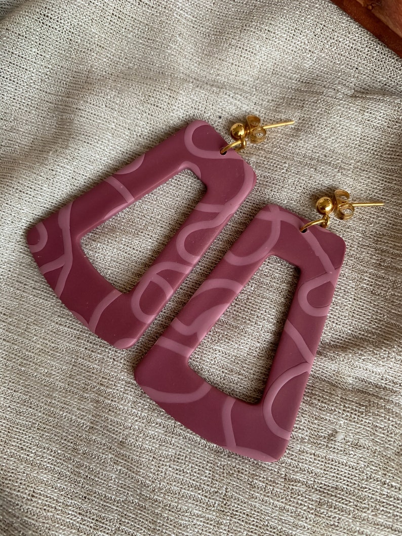 Pink Clay Dangles Lightweight Geometric Polymer Clay Earrings Spiraled Clay Trapezoid Earrings