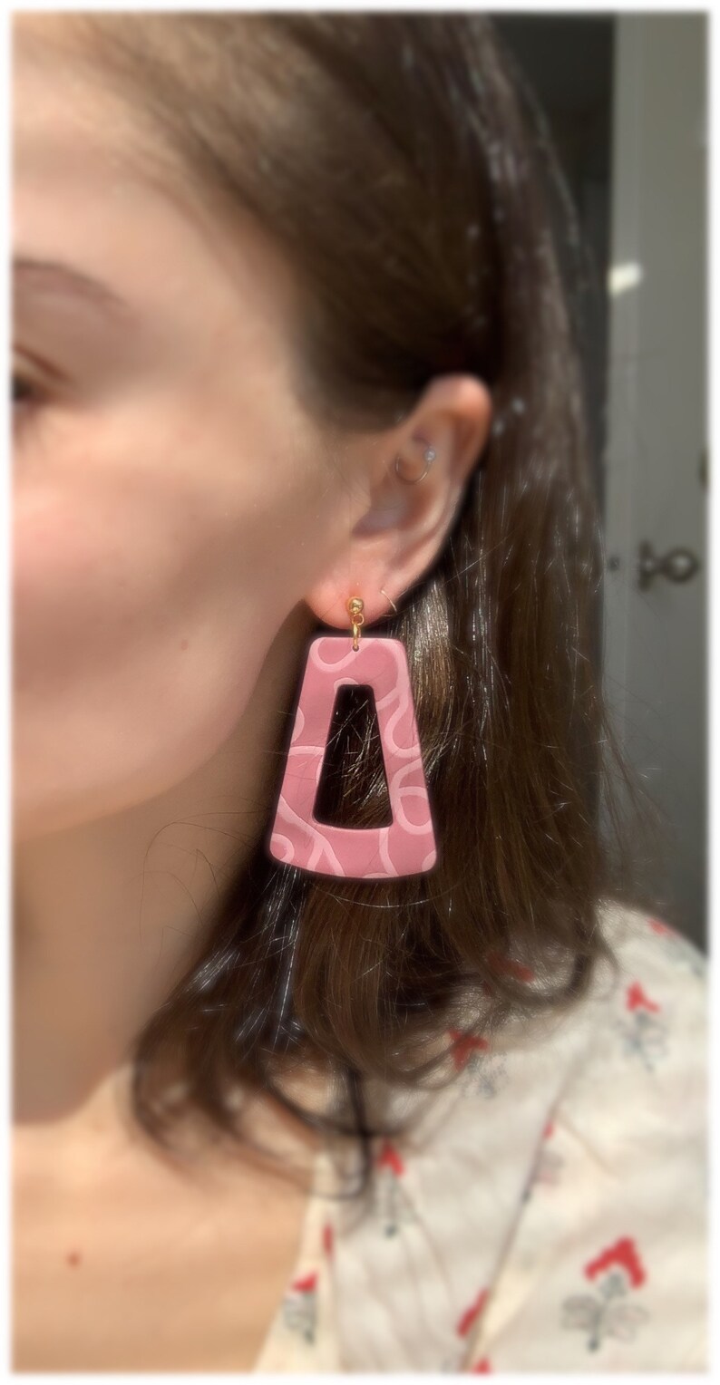 Pink Clay Dangles Lightweight Geometric Polymer Clay Earrings Spiraled Clay Trapezoid Earrings