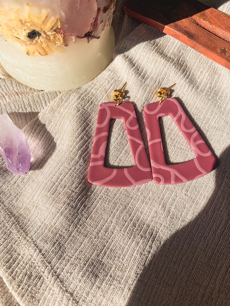 Pink Clay Dangles Lightweight Geometric Polymer Clay Earrings Spiraled Clay Trapezoid Earrings