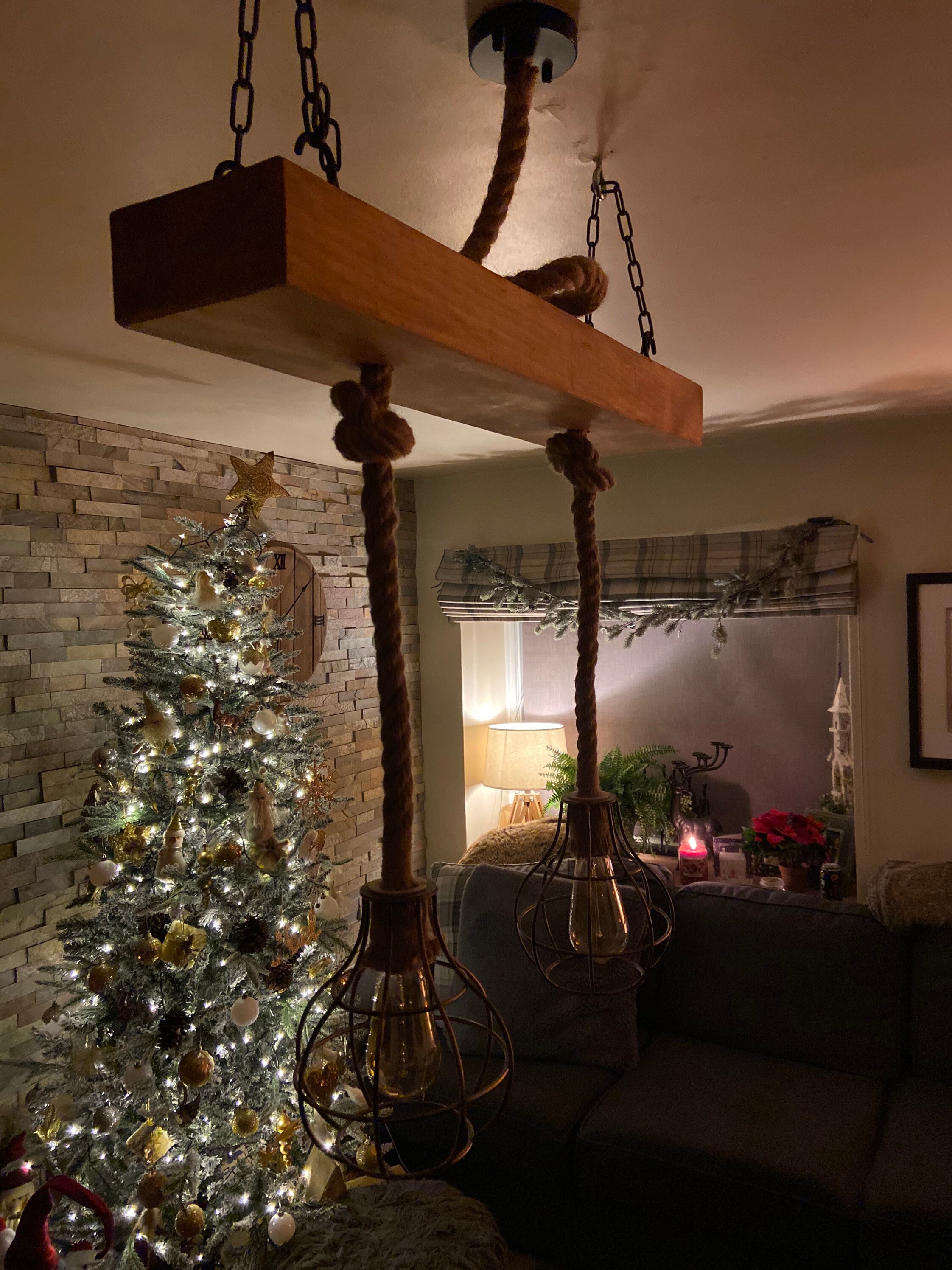 Solid Reclaimed beam ceiling light with two rope hanging Etsy