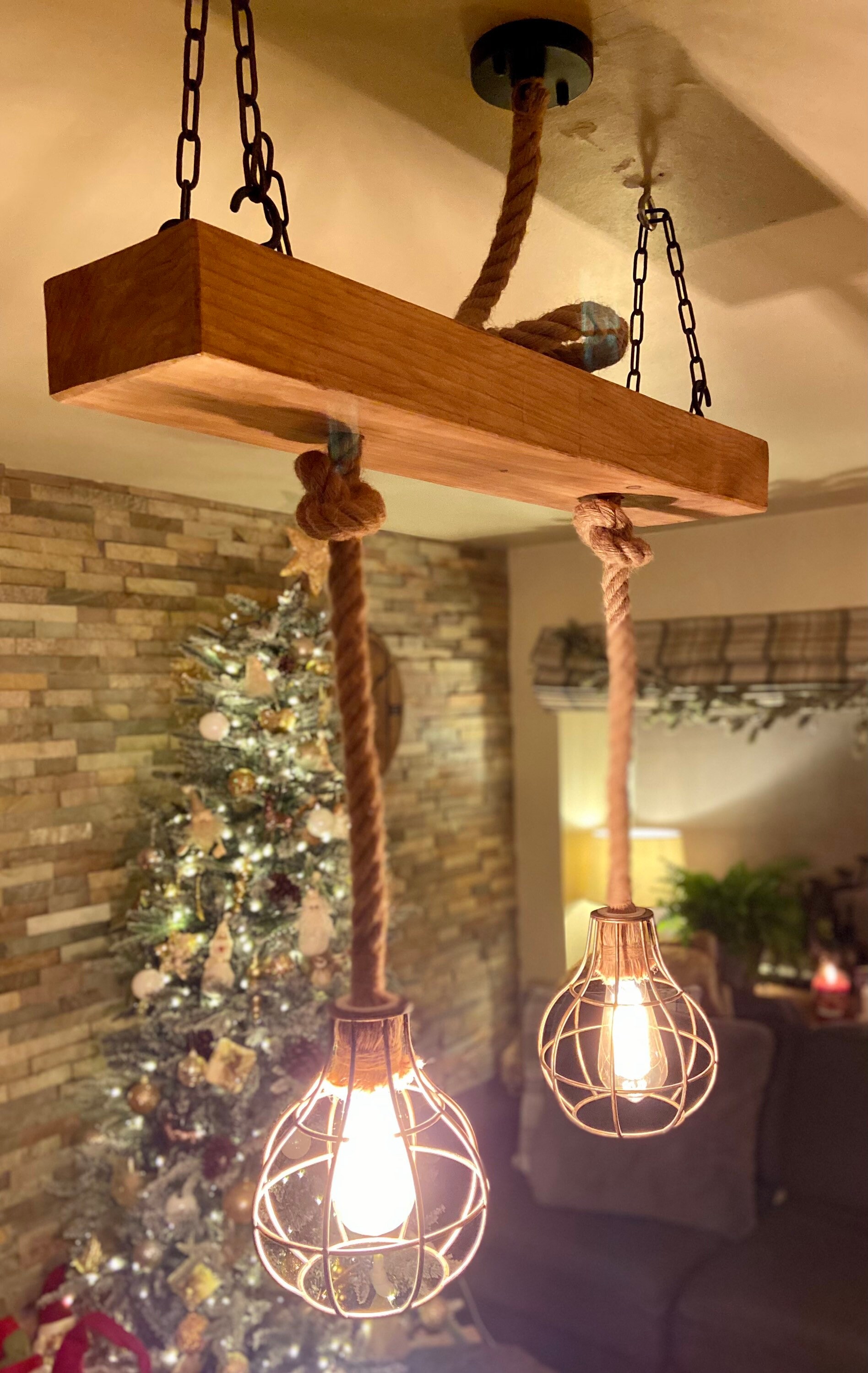 Solid Reclaimed Beam Ceiling Light With Two Rope Hanging Etsy UK