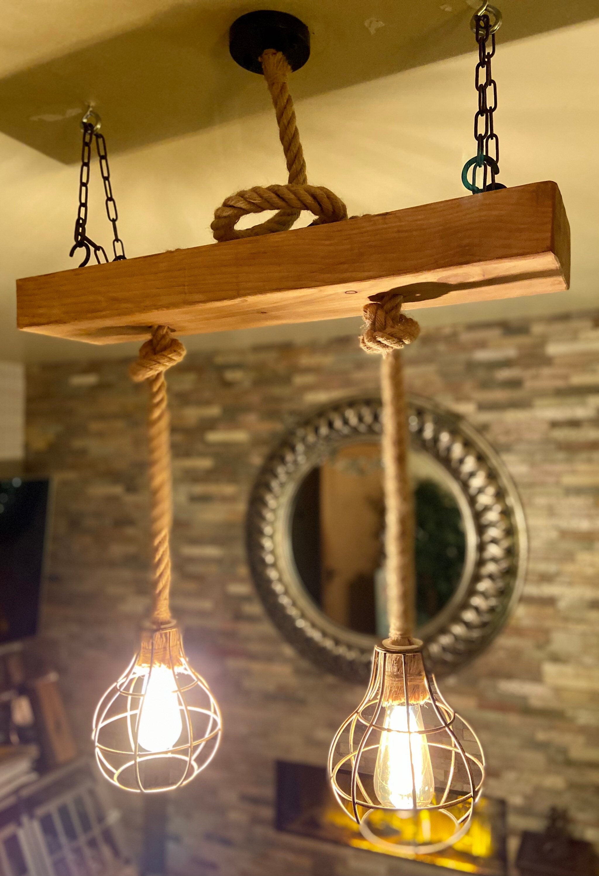 Solid Reclaimed beam ceiling light with two rope hanging Etsy