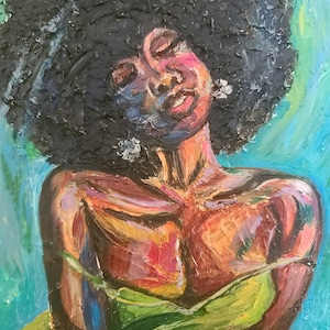 May include: Oil painting of a person with closed eyes and a large, textured afro. The figure is depicted with vibrant brushstrokes in shades of red, green, blue, and orange. The person is wearing a green and red dress, with a turquoise background.