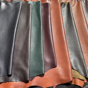 Pode incluir: Uma coleção de peles de couro em várias cores, incluindo preto, castanho, verde e bordô. O couro tem uma superfície texturizada e está disposto em forma de leque, mostrando os diferentes tons e texturas.