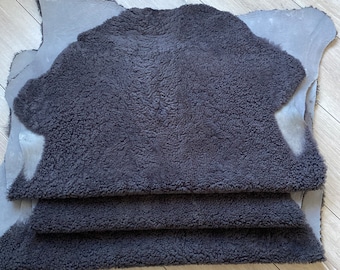 Genuine sheepskin Rug, upholstery sheepskin,  Gray curly sheepskin, curly fur, short fur shearling, chair cover, 95x70 cm
