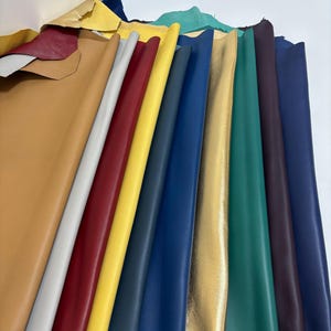 Peut inclure: Une collection de peaux de cuir colorées dans diverses nuances, notamment le beige, le blanc, le rouge, le jaune, le bleu, le vert et l'or. Les pièces de cuir sont disposées en éventail, mettant en valeur leurs différentes textures et couleurs. L'image met en évidence la variété de cuirs disponibles.