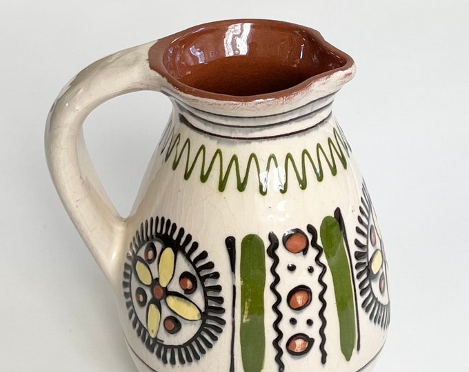 Mexican Ceramic Pottery Pitcher Vase Maker Marked Vintage Floral Flower Water Carafe Vase Planter Ethnic Mexican Folk 60s 70s Style