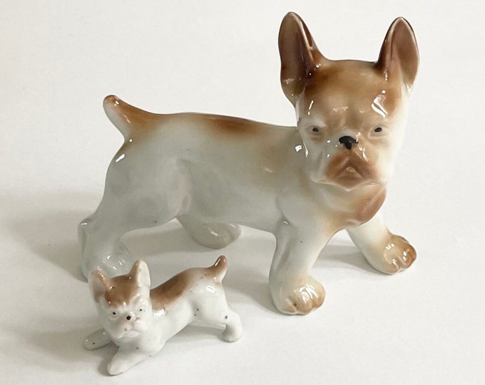 Porcelain Bulldog Figurine Dog Puppy Set 2 Figures Mid Century Vintage Made in Japan Brown White Ceramic Porcelain Dogs Knick Knacks