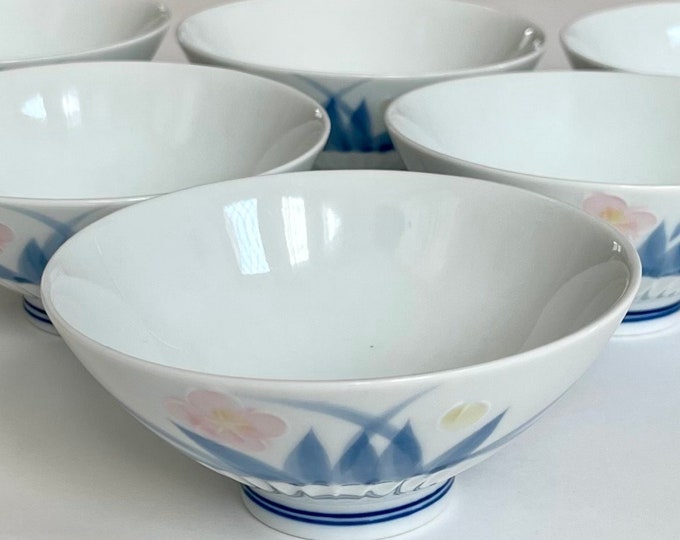 Japanese Rice Bowl Set Vintage White Porcelain Bowls Blue Pink Yellow Floral Design Maker Marked Sushi Asian Dinner Party