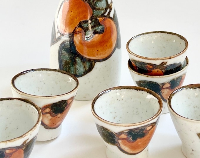 Japanese Ceramic Sake Set Sake Cups Sake Carafe Mid Century Vintage Made in Japan Speckled Natural White Sushi Date Night