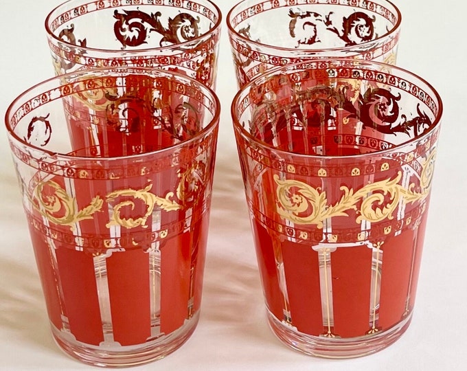 Mid Century Cocktail Glasses Set of 4 Ornate Gold Trim Tomato Orange Red Vintage Rocks Glass Bar Glass Barware Drinkware Glassware