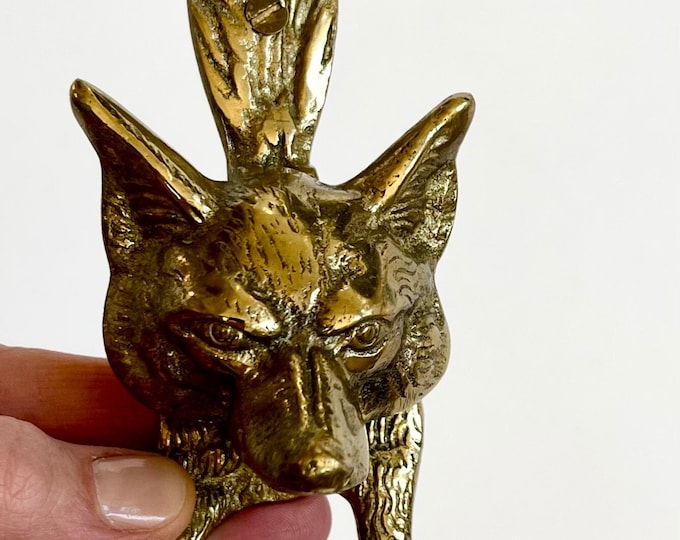 Antique English Door Knocker Made in England Vintage Aged Solid Brass Fox Head Fox Tail Door Hardware Hunting Lodge Cabin Farmhouse