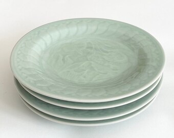 Mid Century Oval Dinner Plates, RARE Set of 4 Celadon Crackle Glaze Ceramic Dishes by Jacques Molin for Faiencerie de Charolles