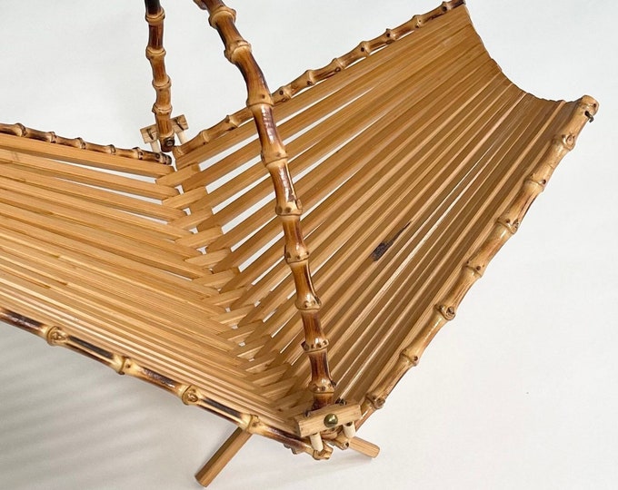 Mid Century Fruit Basket Bowl Bamboo Handle Boho MCM Vintage Folding Collapsible Basket Bread Basket Catchall